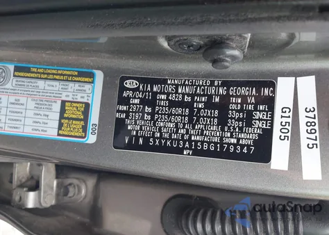 2011 Kia Sorento Ex z USA, uszkodzony, nr VIN 5XYKU3A15BG179347